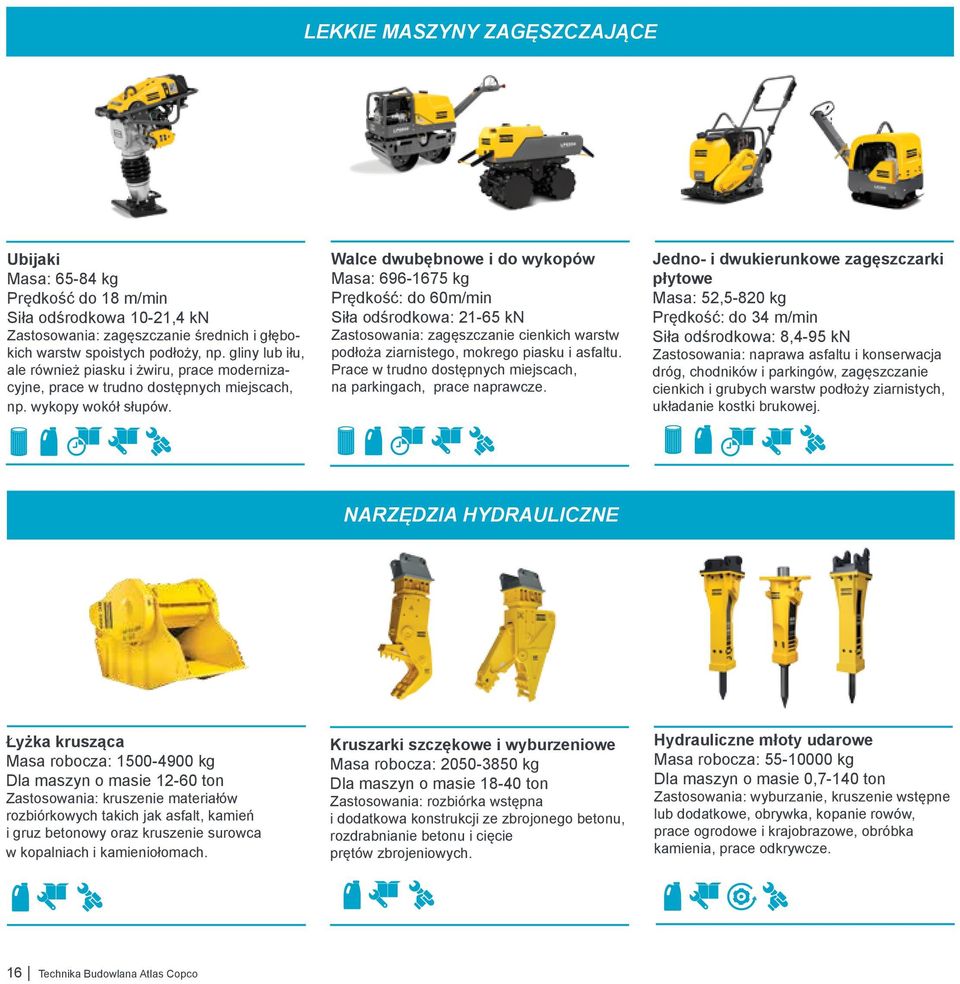 Walce dwubębnowe i do wykopów Masa: 696-1675 kg Prędkość: do 60m/min Siła odśrodkowa: 21-65 kn Zastosowania: zagęszczanie cienkich warstw podłoża ziarnistego, mokrego piasku i asfaltu.