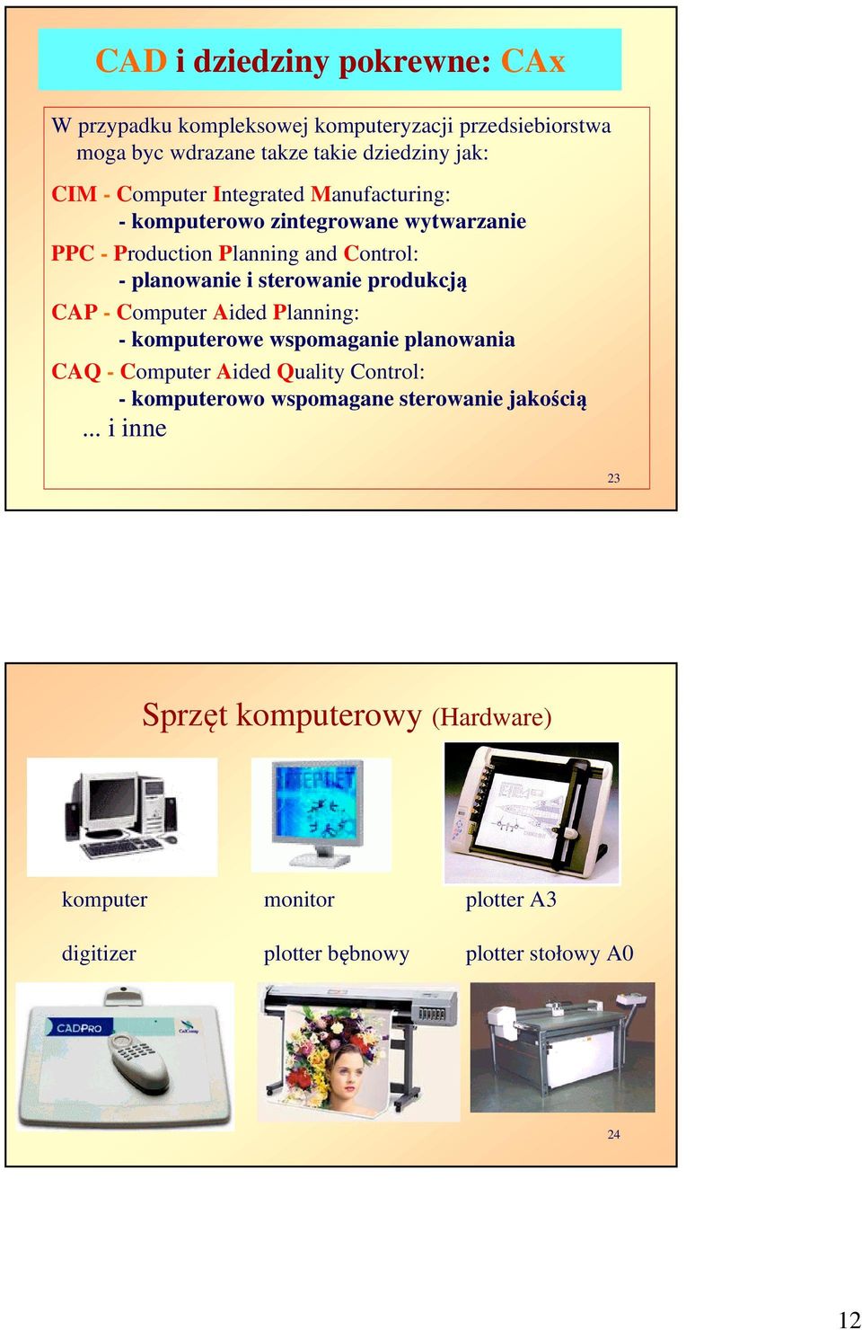 produkcją CAP - Computer Aided Planning: - komputerowe wspomaganie planowania CAQ - Computer Aided Quality Control: - komputerowo