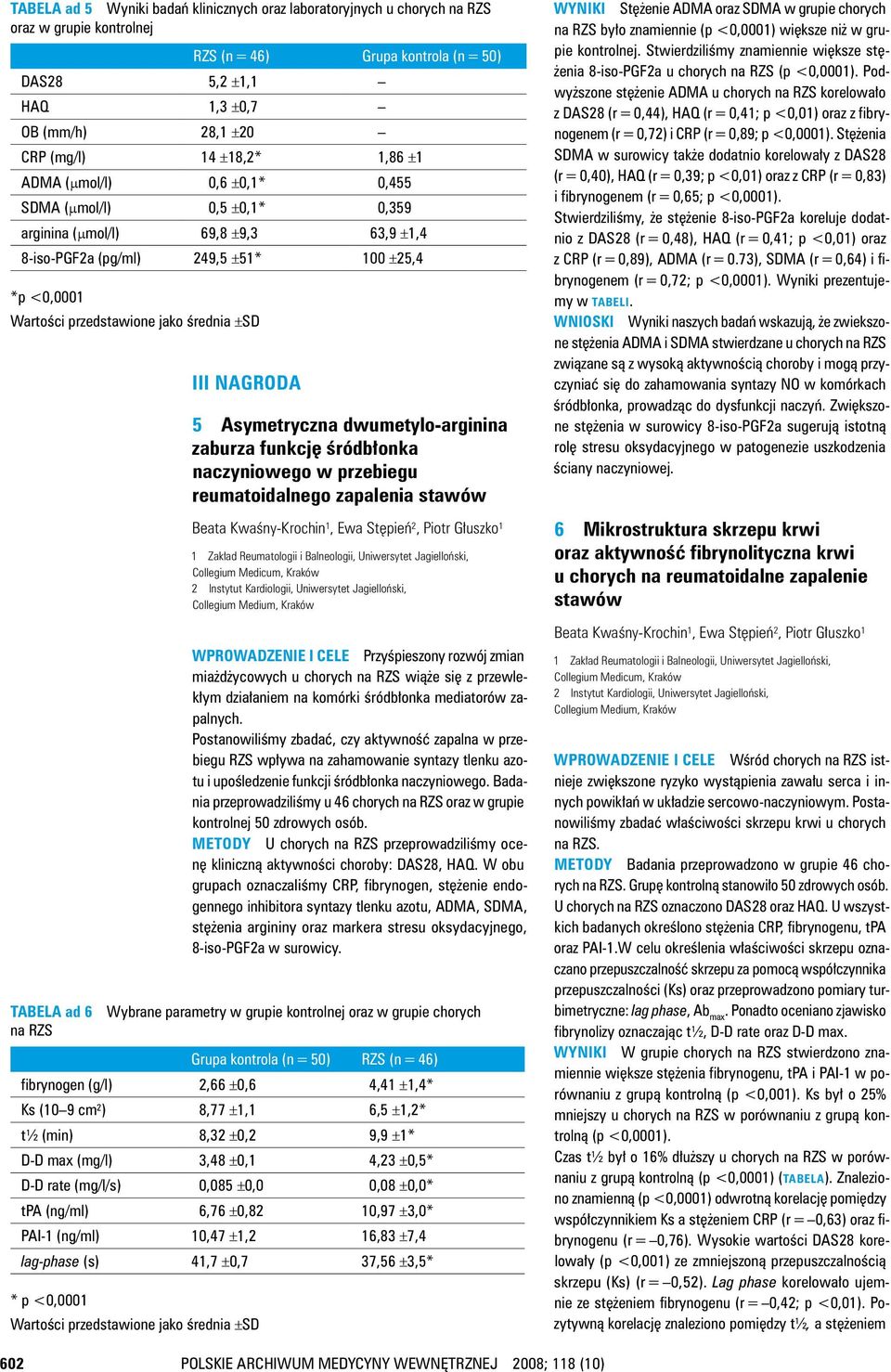 średnia ±SD III NAGRODA 5 Asymetryczna dwumetylo arginina zaburza funkcję śródbłonka naczyniowego w przebiegu reumatoidalnego zapalenia stawów Beata Kwaśny Krochin 1, Ewa Stępień 2, Piotr Głuszko 1 1