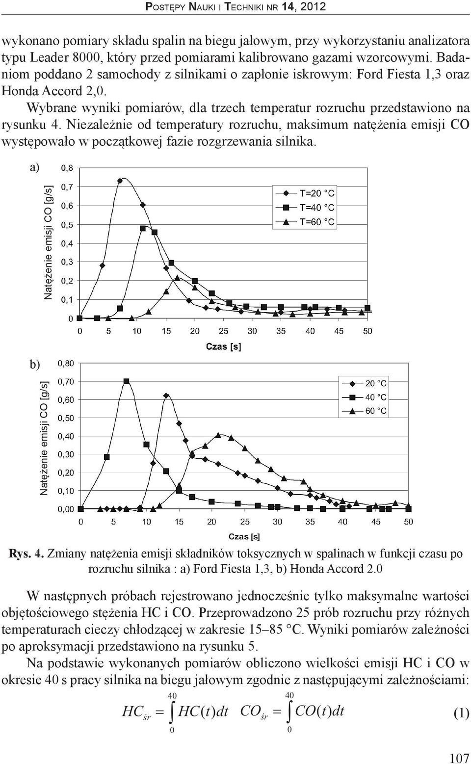 Niezależnie od temperatury u, maksimum natężenia emisji CO występowało w początkowej fazie rozgrzewania silnika. a) b) Natężenie emisji CO [g/s] Natężenie emisji CO [g/s] Rys. 4.