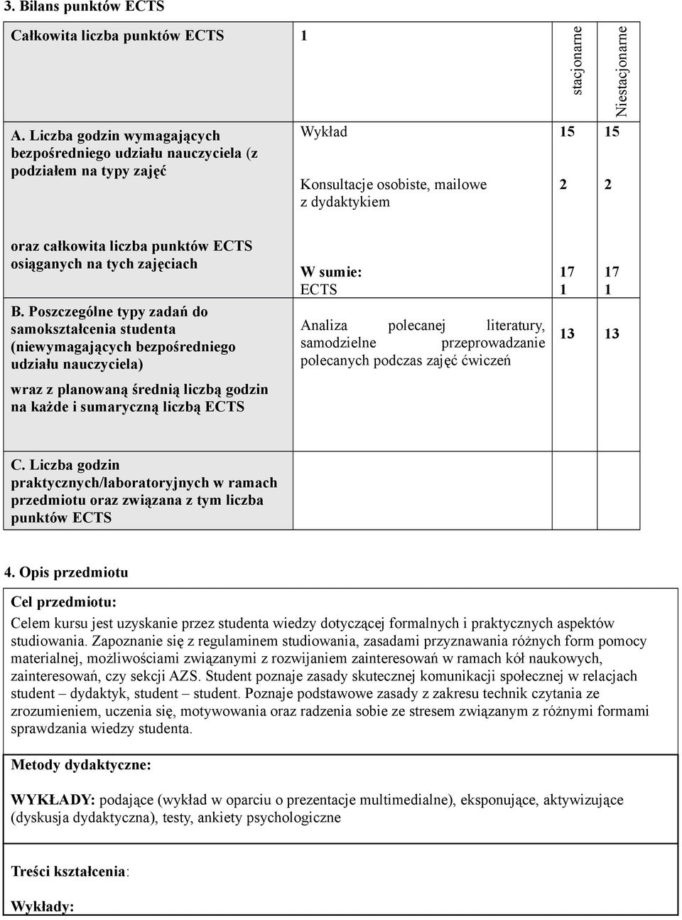 punktów ECTS osiąganych na tych zajęciach B.