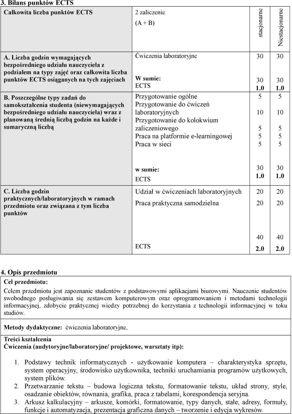 Poszczególne typy zadań do samokształcenia studenta (niewymagających bezpośredniego udziału nauczyciela) wraz z planowaną średnią liczbą godzin na każde i sumaryczną liczbą Ćwiczenia laboratoryjne W