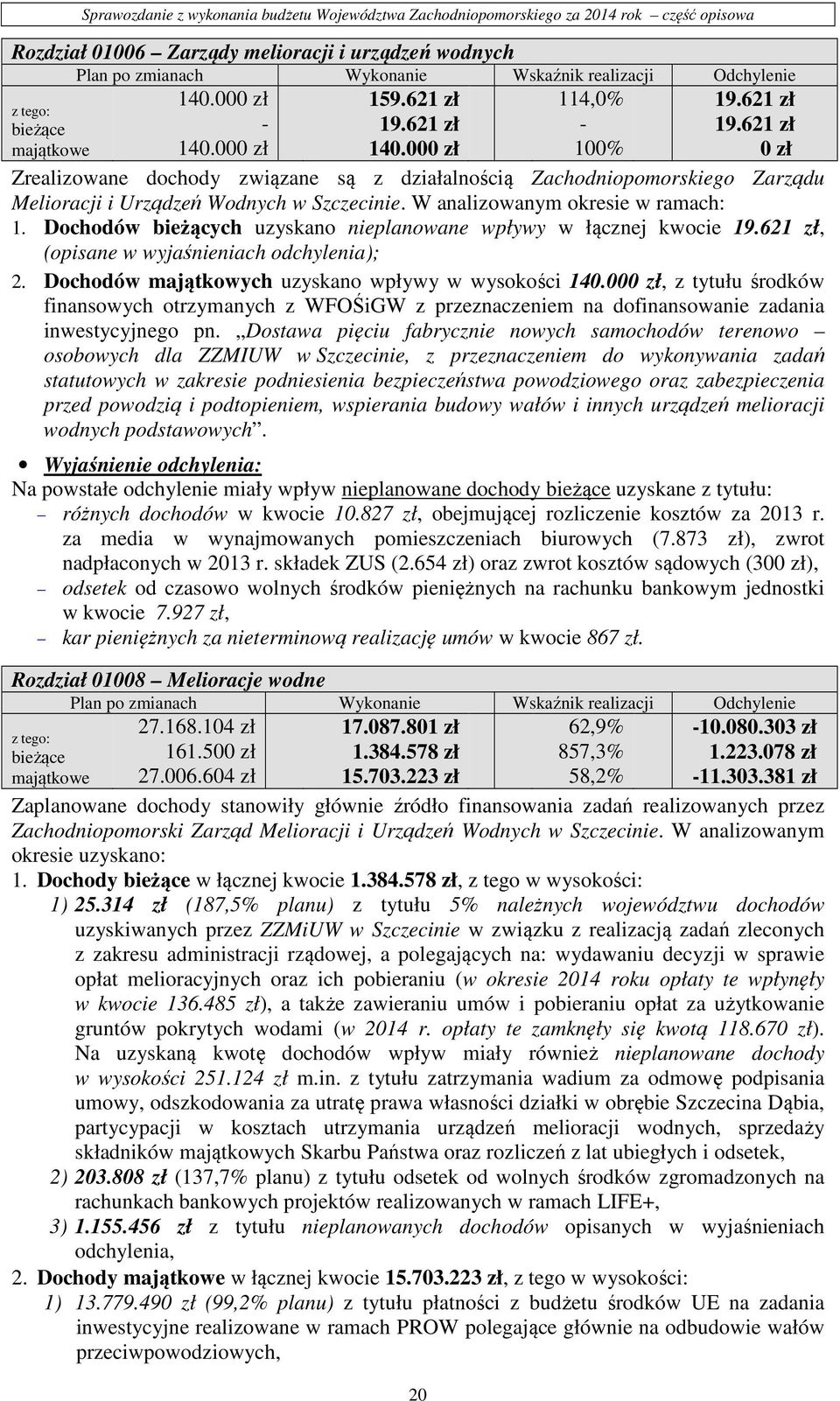 W analizowanym okresie w ramach: 1. Dochodów bieżących uzyskano nieplanowane wpływy w łącznej kwocie 19.621 zł, (opisane w wyjaśnieniach odchylenia); 2.