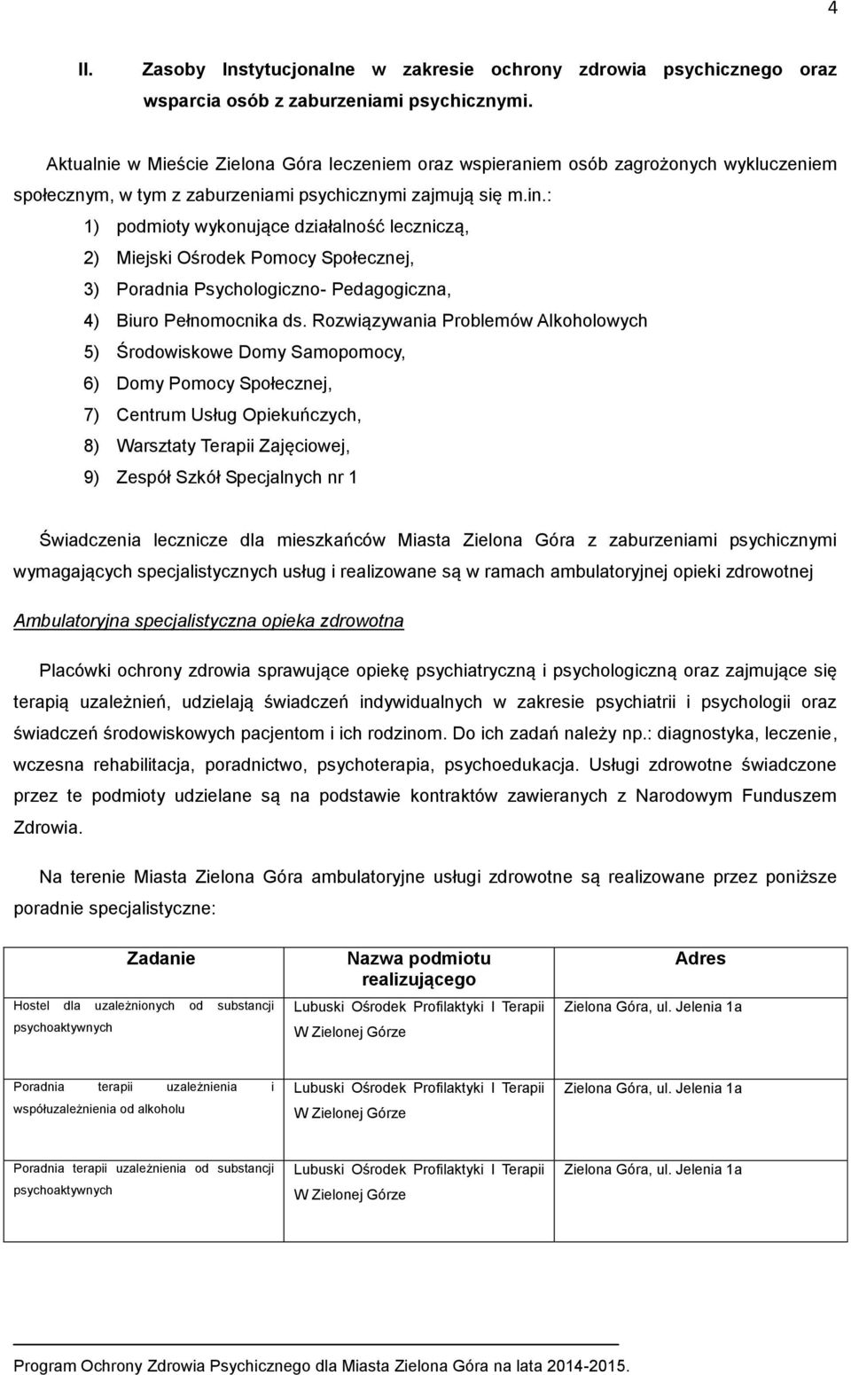 : 1) podmioty wykonujące działalność leczniczą, 2) Miejski Ośrodek Pomocy Społecznej, 3) Poradnia Psychologiczno- Pedagogiczna, 4) Biuro Pełnomocnika ds.