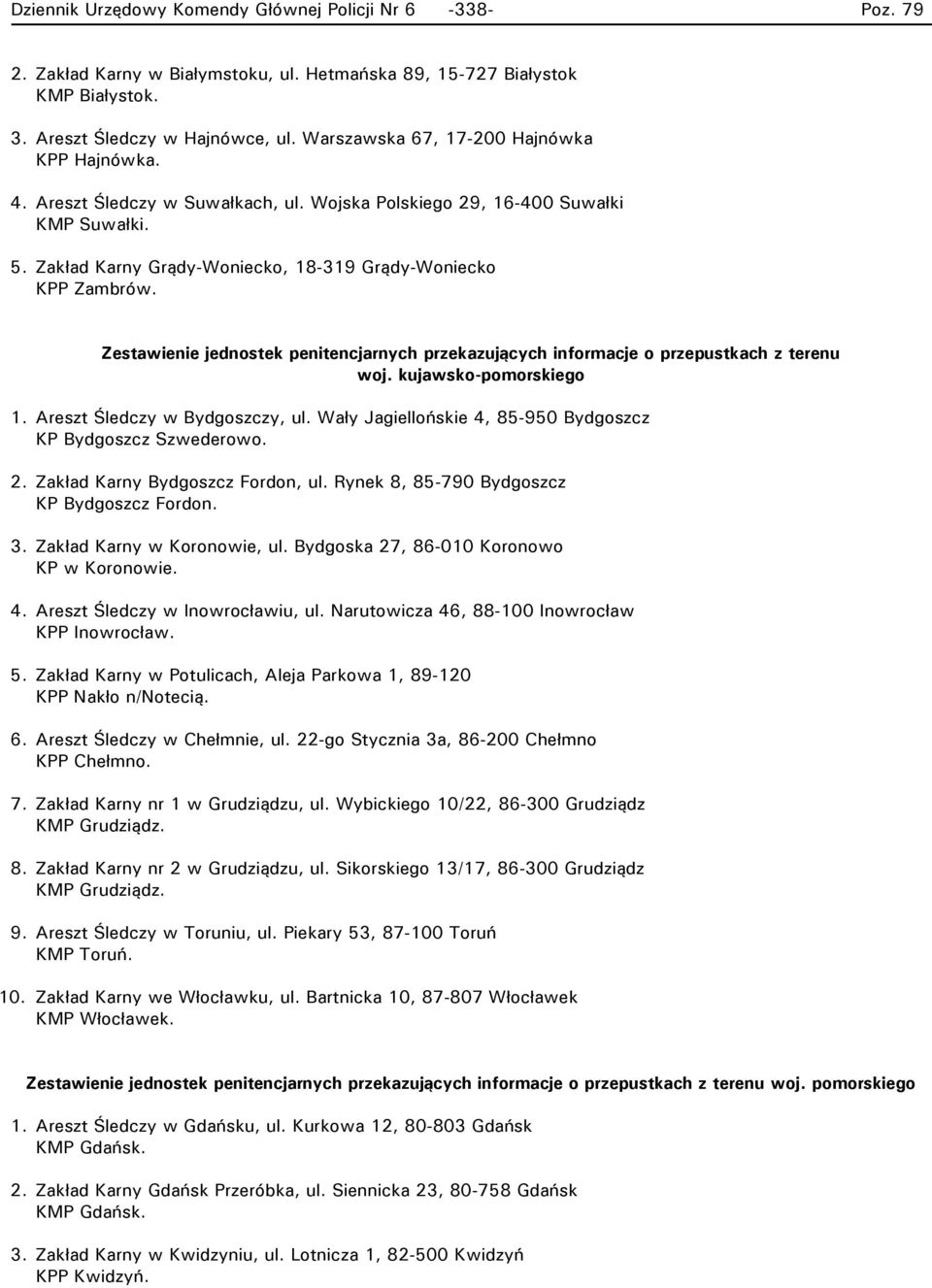 kujawsko-pomorskiego 1. Areszt Śledczy w Bydgoszczy, ul. Wały Jagiellońskie 4, 85-950 Bydgoszcz KP Bydgoszcz Szwederowo. 2. Zakład Karny Bydgoszcz Fordon, ul.