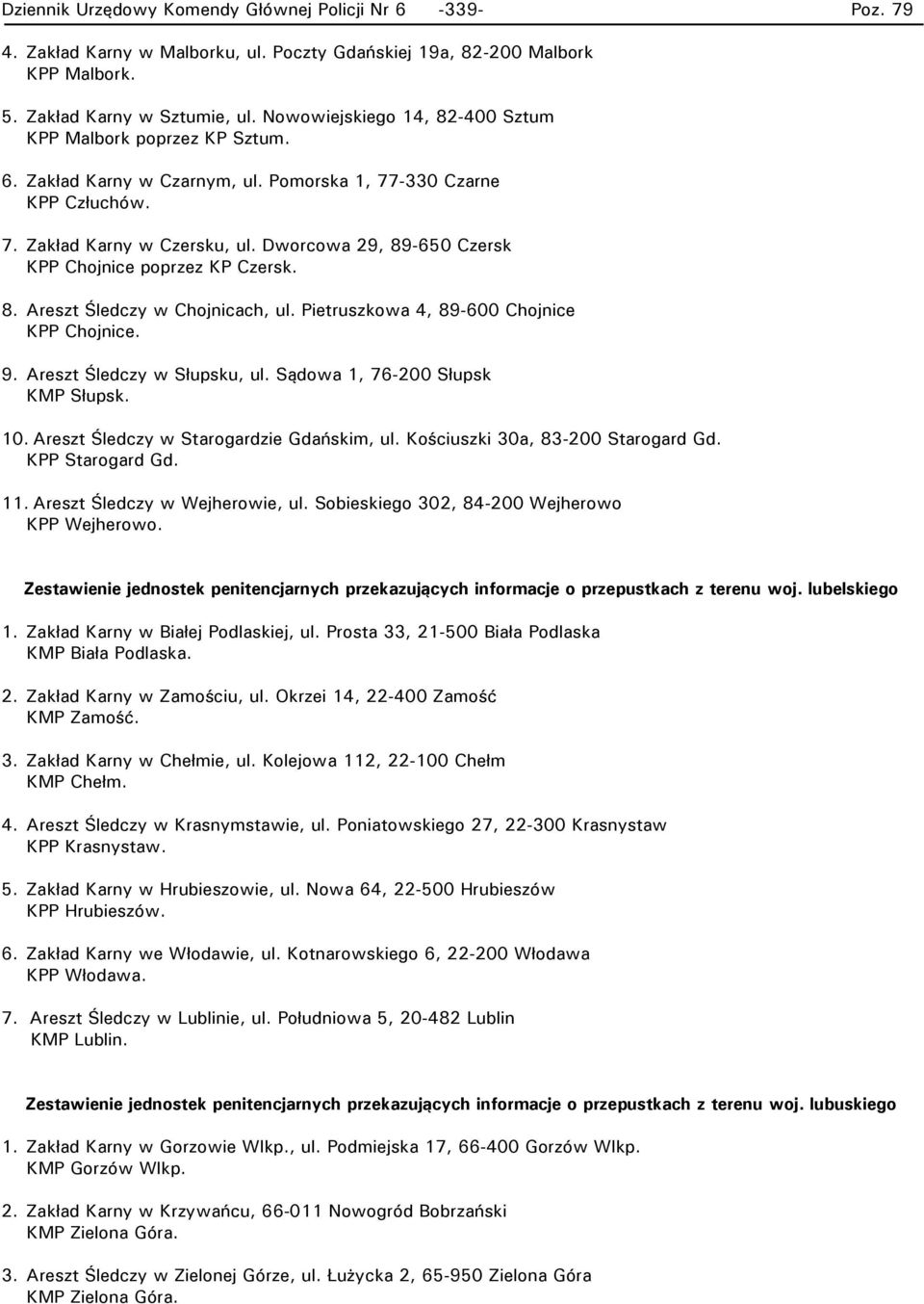 Dworcowa 29, 89-650 Czersk KPP Chojnice poprzez KP Czersk. 8. Areszt Śledczy w Chojnicach, ul. Pietruszkowa 4, 89-600 Chojnice KPP Chojnice. 9. Areszt Śledczy w Słupsku, ul.