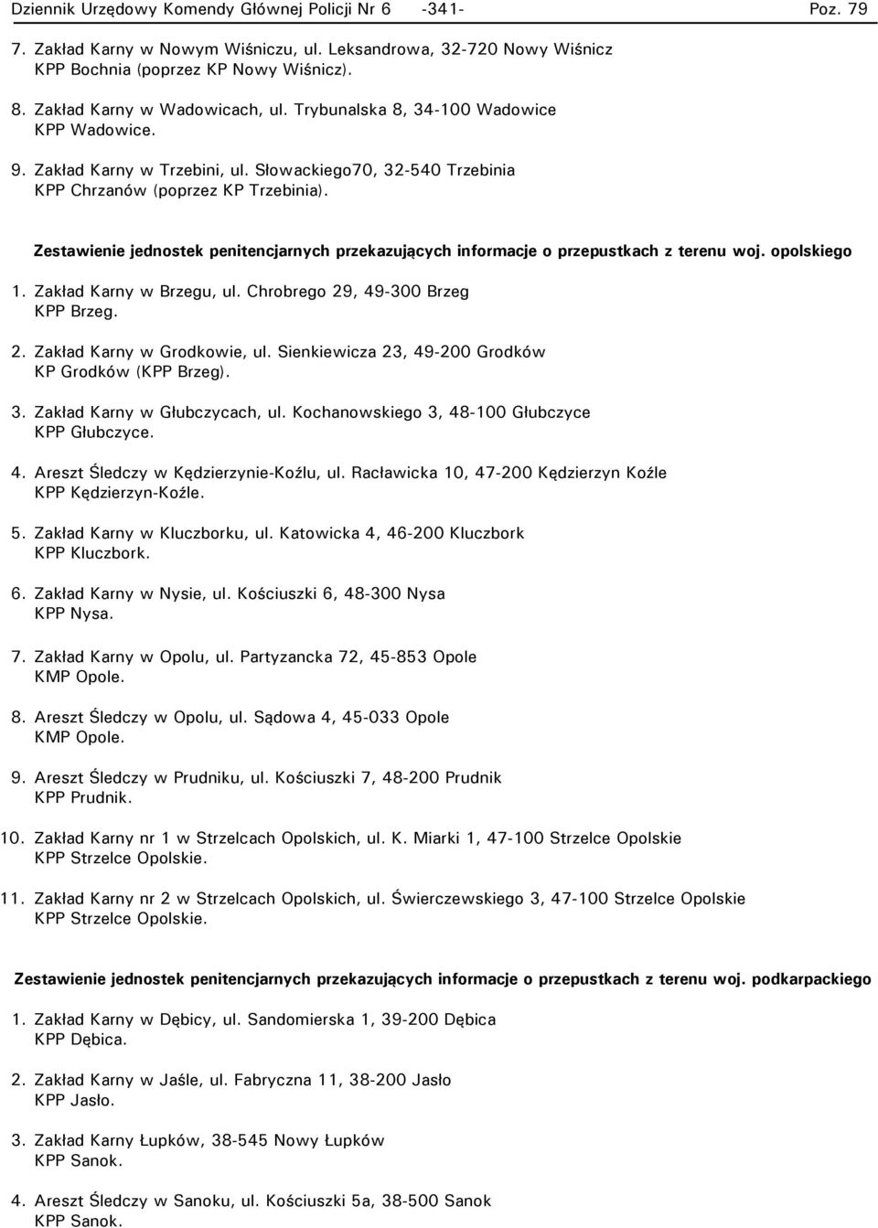 Chrobrego 29, 49-300 Brzeg KPP Brzeg. 2. Zakład Karny w Grodkowie, ul. Sienkiewicza 23, 49-200 Grodków KP Grodków (KPP Brzeg). 3. Zakład Karny w Głubczycach, ul.