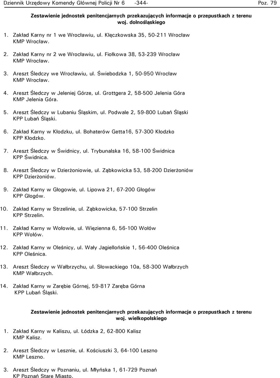 Grottgera 2, 58-500 Jelenia Góra KMP Jelenia Góra. 5. Areszt Śledczy w Lubaniu Śląskim, ul. Podwale 2, 59-800 Lubań Śląski KPP Lubań Śląski. 6. Zakład Karny w Kłodzku, ul.