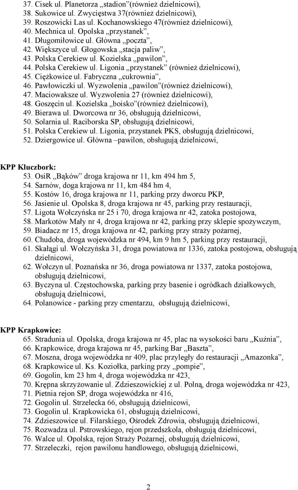 Ciężkowice ul. Fabryczna cukrownia, 46. Pawłowiczki ul. Wyzwolenia pawilon (również dzielnicowi), 47. Maciowaksze ul. Wyzwolenia 27 (również dzielnicowi), 48. Goszęcin ul.