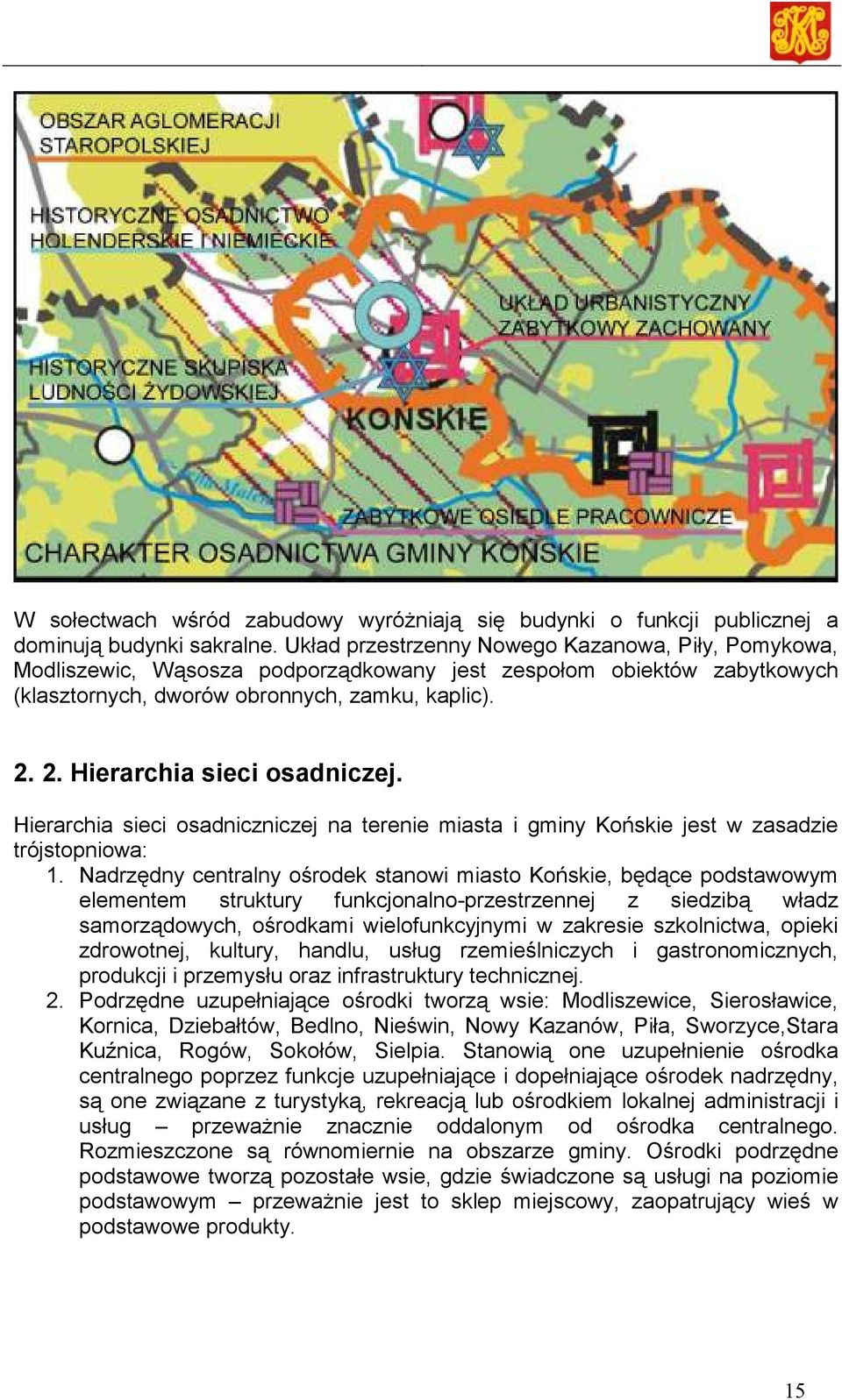 2. Hierarchia sieci osadniczej. Hierarchia sieci osadniczniczej na terenie miasta i gminy Końskie jest w zasadzie trójstopniowa: 1.