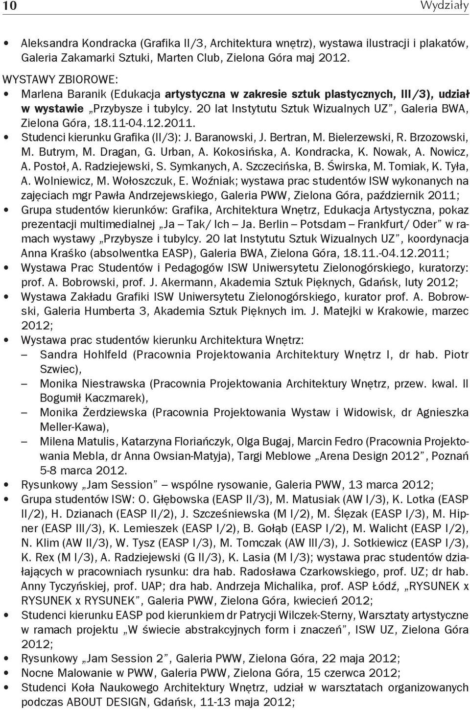 20 lat Instytutu Sztuk Wizualnych UZ, Galeria BWA, Zielona Góra, 18.11-04.12.2011. Studenci kierunku Grafika (II/3): J. Baranowski, J. Bertran, M. Bielerzewski, R. Brzozowski, M. Butrym, M. Dragan, G.