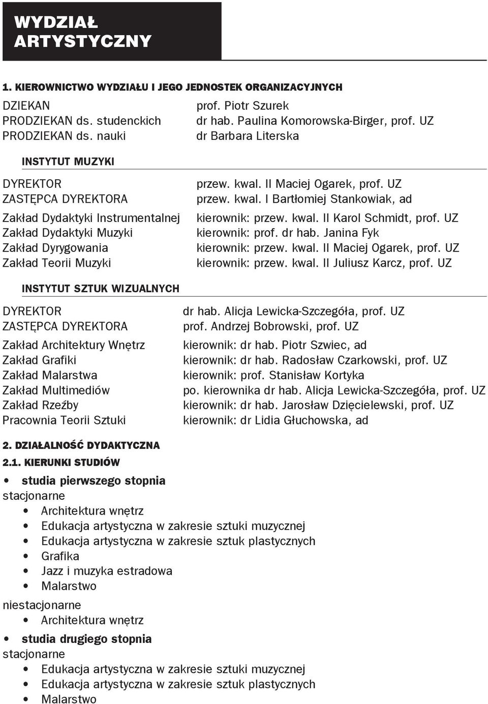 II Maciej Ogarek, prof. UZ przew. kwal. I Bartłomiej Stankowiak, ad kierownik: przew. kwal. II Karol Schmidt, prof. UZ kierownik: prof. dr hab. Janina Fyk kierownik: przew. kwal. II Maciej Ogarek, prof.