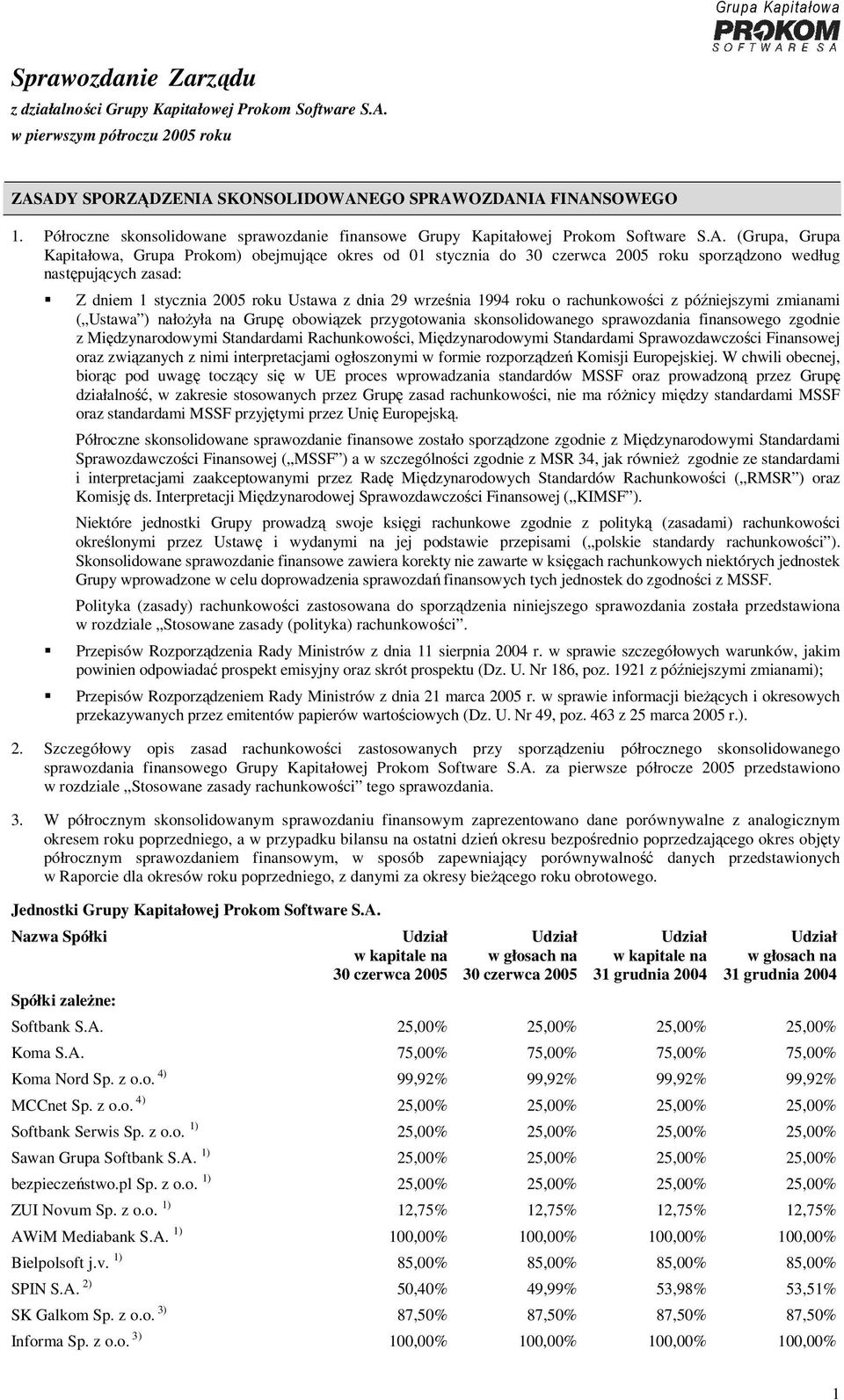 (Grupa, Grupa Kapitałowa, Grupa Prokom) obejmujące okres od 01 stycznia do 30 czerwca 2005 roku sporządzono według następujących zasad: Z dniem 1 stycznia 2005 roku Ustawa z dnia 29 września 1994