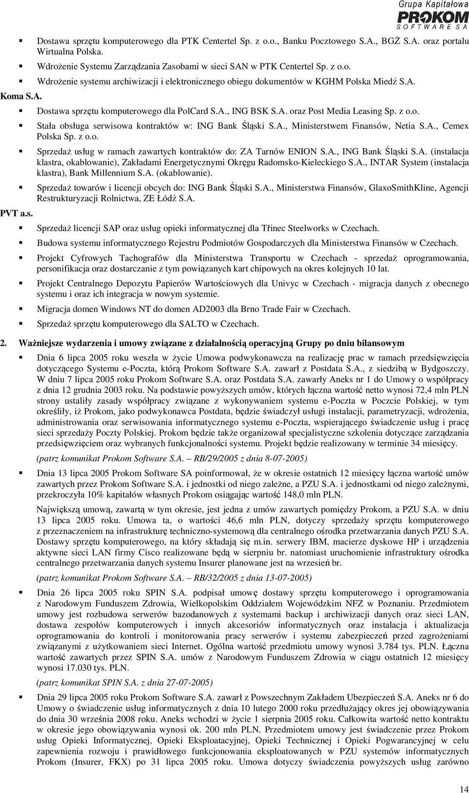 A., ING BSK S.A. oraz Post Media Leasing Sp. z o.o. Stała obsługa serwisowa kontraktów w: ING Bank Śląski S.A., Ministerstwem Finansów, Netia S.A., Cemex Polska Sp. z o.o. Sprzedaż usług w ramach zawartych kontraktów do: ZA Tarnów ENION S.