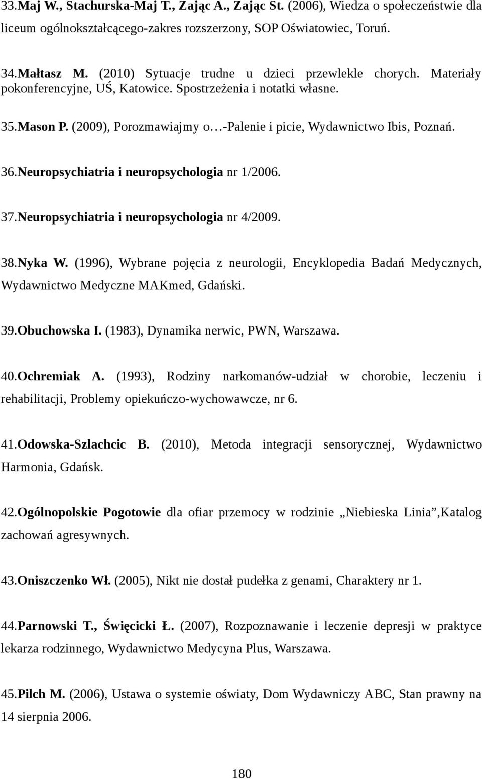 (2009), Porozmawiajmy o -Palenie i picie, Wydawnictwo Ibis, Poznań. 36.Neuropsychiatria i neuropsychologia nr 1/2006. 37.Neuropsychiatria i neuropsychologia nr 4/2009. 38.Nyka W.