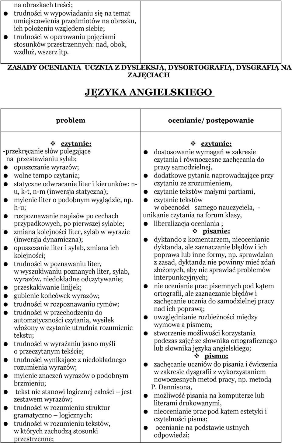 ZASADY OCENIANIA UCZNIA Z DYSLEKSJĄ, DYSORTOGRAFIĄ, DYSGRAFIĄ NA ZAJĘCIACH JĘZYKA ANGIELSKIEGO ocenianie/ postępowanie czytanie: -przekręcanie słów polegające na przestawianiu sylab; opuszczanie