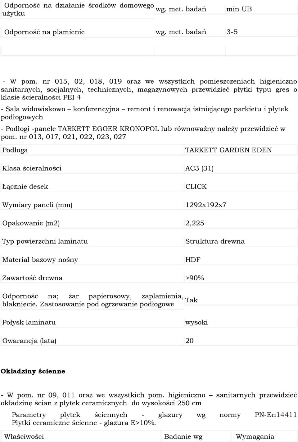 konferencyjna remont i renowacja istniejącego parkietu i płytek podłogowych - Podłogi -panele TARKETT EGGER KRONOPOL lub równoważny należy przewidzieć w pom.