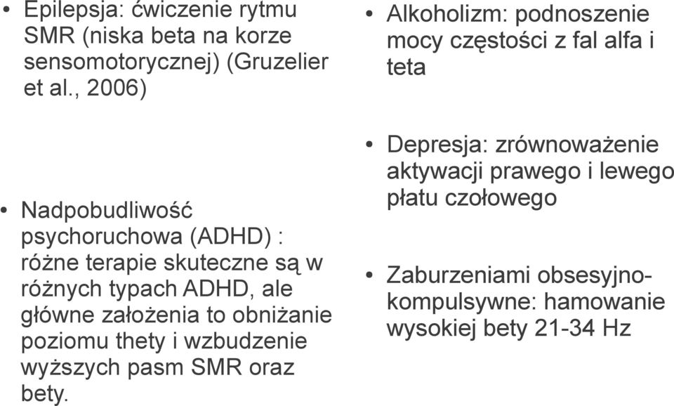 terapie skuteczne są w różnych typach ADHD, ale główne założenia to obniżanie poziomu thety i wzbudzenie wyższych