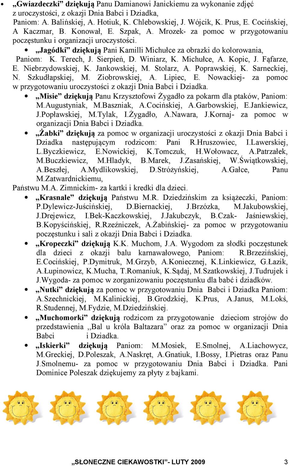 Terech, J. Sierpień, D. Winiarz, K. Michułce, A. Kopic, J. Fąfarze, E. Niebrzydowskiej, K. Jankowskiej, M. Stolarz, A. Poprawskiej, K. Sarneckiej, N. Szkudłapskiej, M. Ziobrowskiej, A. Lipiec, E.