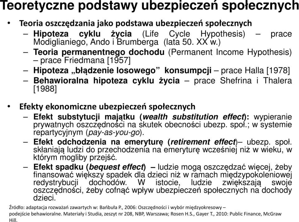 Thalera [1988] Efekty ekonomiczne ubezpieczeń społecznych Efekt substytucji majątku (wealth substitution effect): wypieranie prywatnych oszczędności na skutek obecności ubezp. społ.; w systemie repartycyjnym (pay-as-you-go).