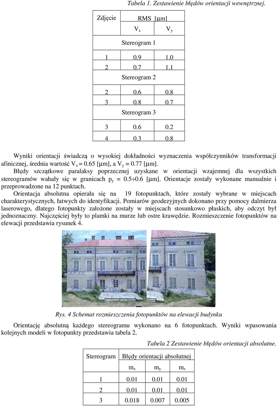 Błędy szczątkowe paralaksy poprzecznej uzyskane w orientacji wzajemnej dla wszystkich stereogramów wahały się w granicach p y = 0.5 0.6 [µm].