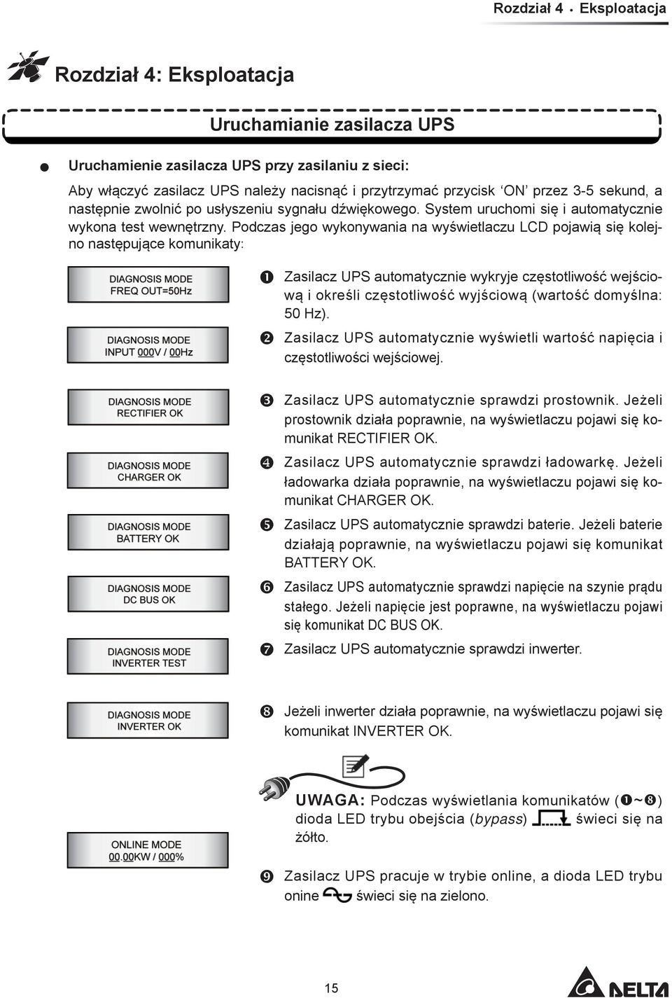 Podczas jego wykonywania na wyświetlaczu LCD pojawią się kolejno następujące komunikaty: Zasilacz UPS automatycznie wykryje częstotliwość wejściową i określi częstotliwość wyjściową (wartość