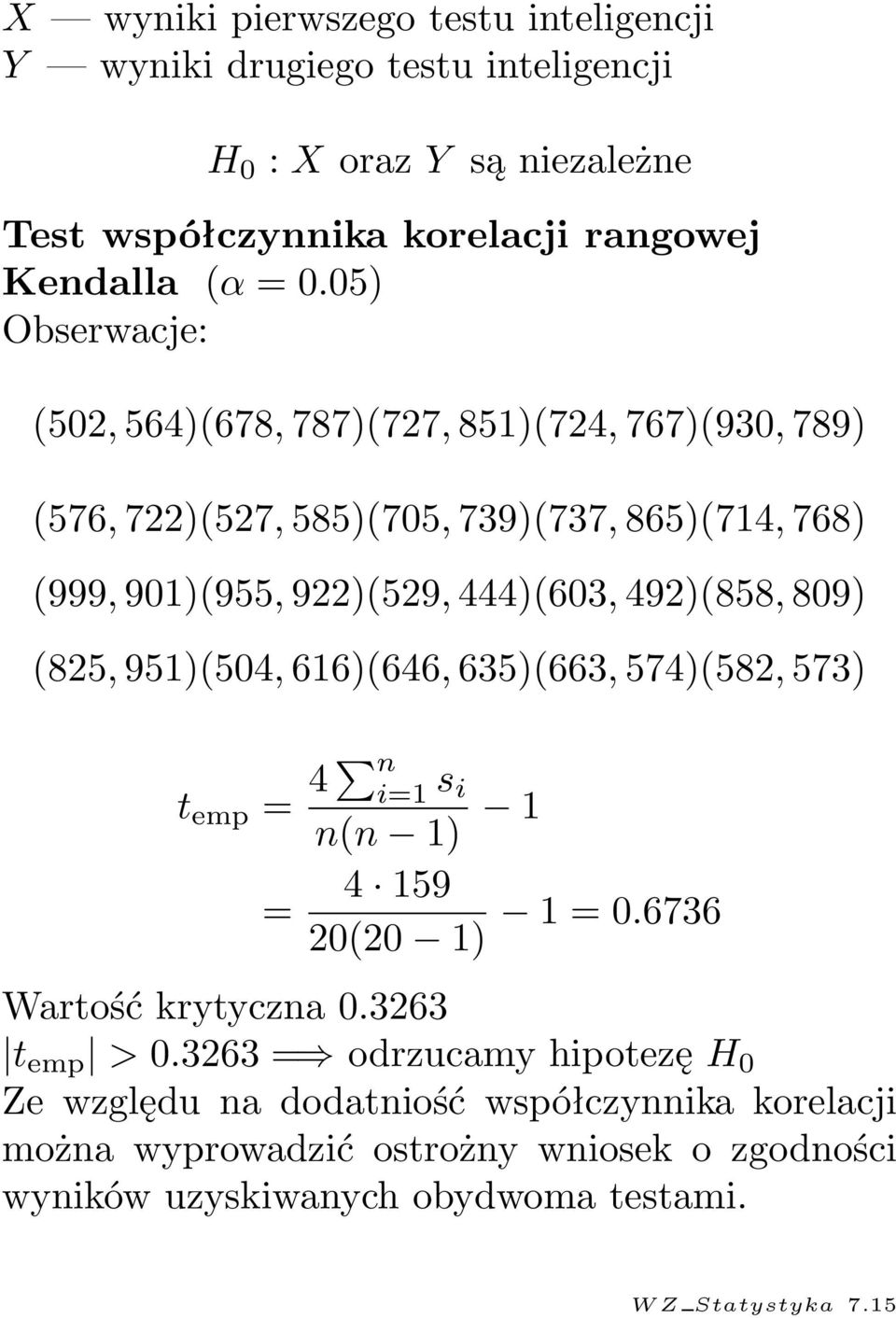 809) (825, 951)(504, 616)(646, 635)(663, 574)(582, 573) t emp = 4 n i=1 s i n(n 1) 1 = 4 159 20(20 1) 1 = 0.6736 Wartość krytyczna 0.3263 t emp > 0.