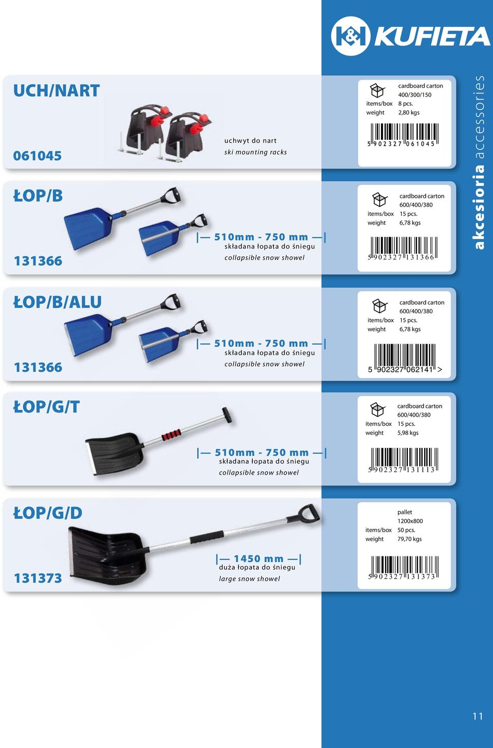 6,78 kgs akcesioria accessories ŁOP/B/ALU 131366 510mm - 750 mm składana łopata do śniegu collapsible snow showel 600/400/380 15 pcs.