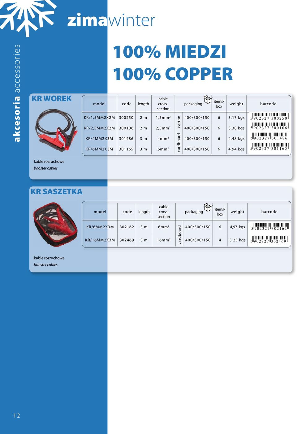 301165 3 m 6mm 2 400/300/150 6 4,94 kgs barcode kable rozruchowe booster cables KR SASZETKA model code length cable crosssection packaging items/ box