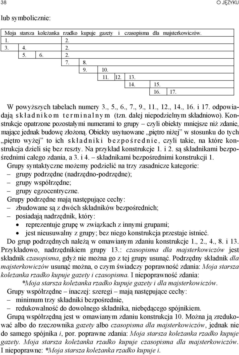 Konstrukcje opatrzone pozostałymi numerami to grupy czyli obiekty mniejsze niż zdanie, mające jednak budowę złożoną.