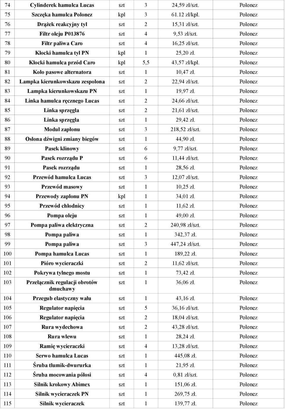 Polonez 80 Klocki hamulca przód Caro kpl 5,5 43,57 zł/kpl. Polonez 81 Koło pasowe alternatora szt 1 10,47 zł. Polonez 82 Lampka kierunkowskazu zespolona szt 2 22,94 zł/szt.