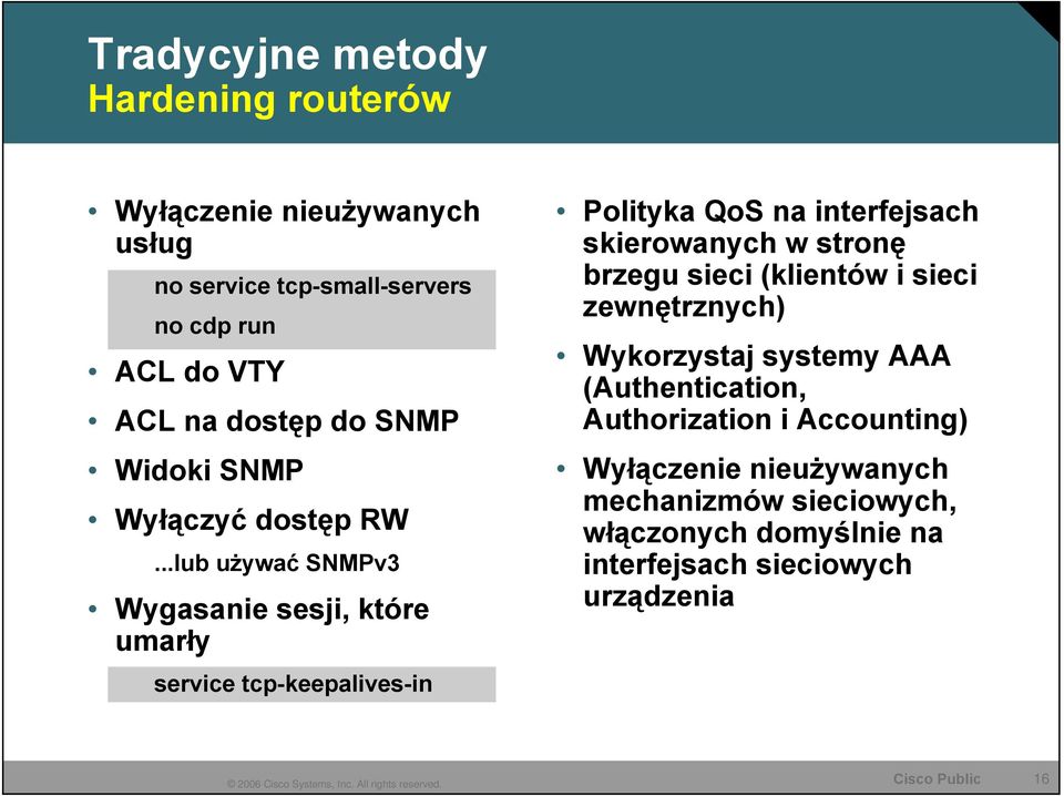 ..lub używać SNMPv3 Wygasanie sesji, które umarły service tcp-keepalives-in Polityka QoS na interfejsach skierowanych w stronę