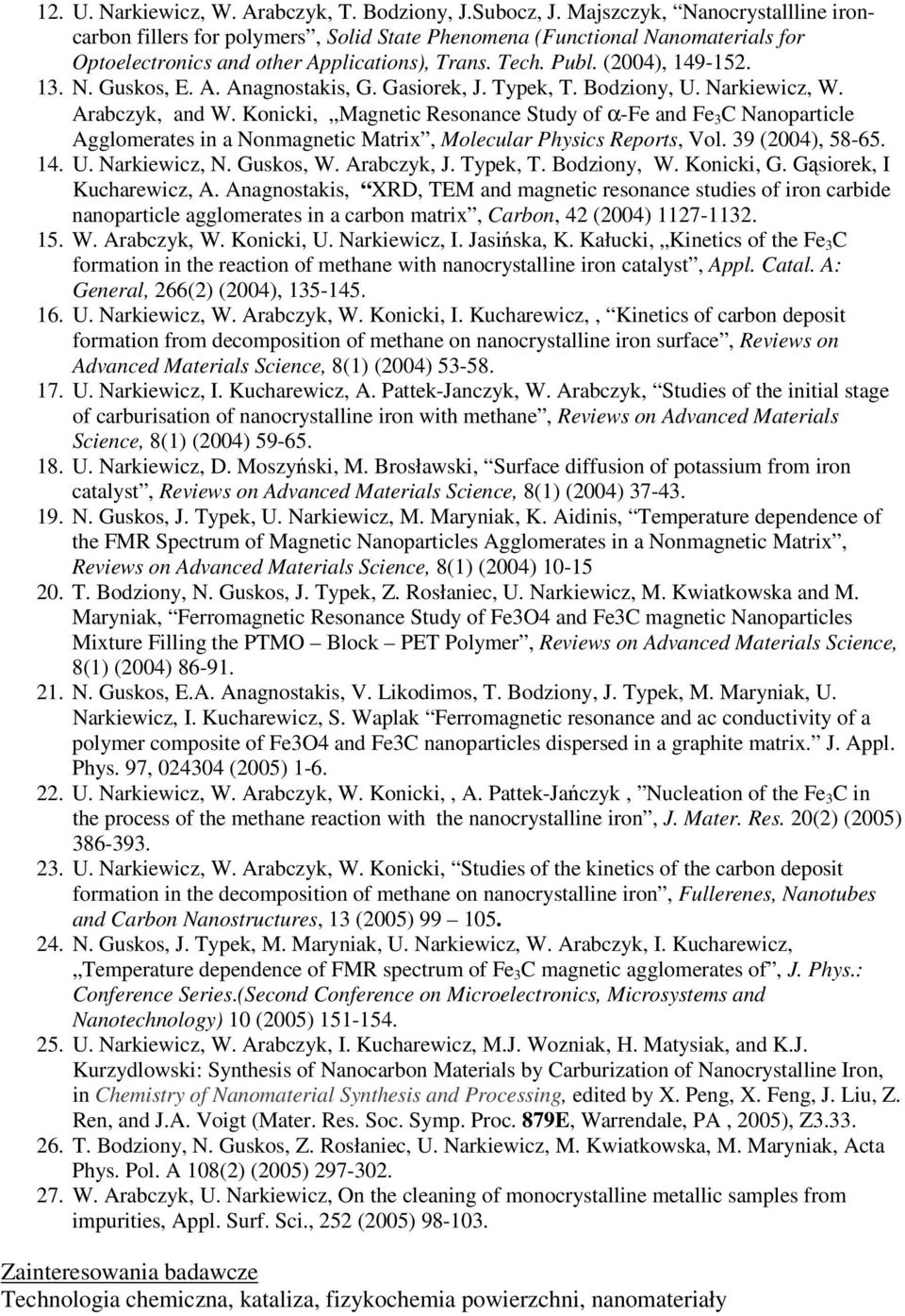 A. Anagnostakis, G. Gasiorek, J. Typek, T. Bodziony, U. Narkiewicz, W. Arabczyk, and W.