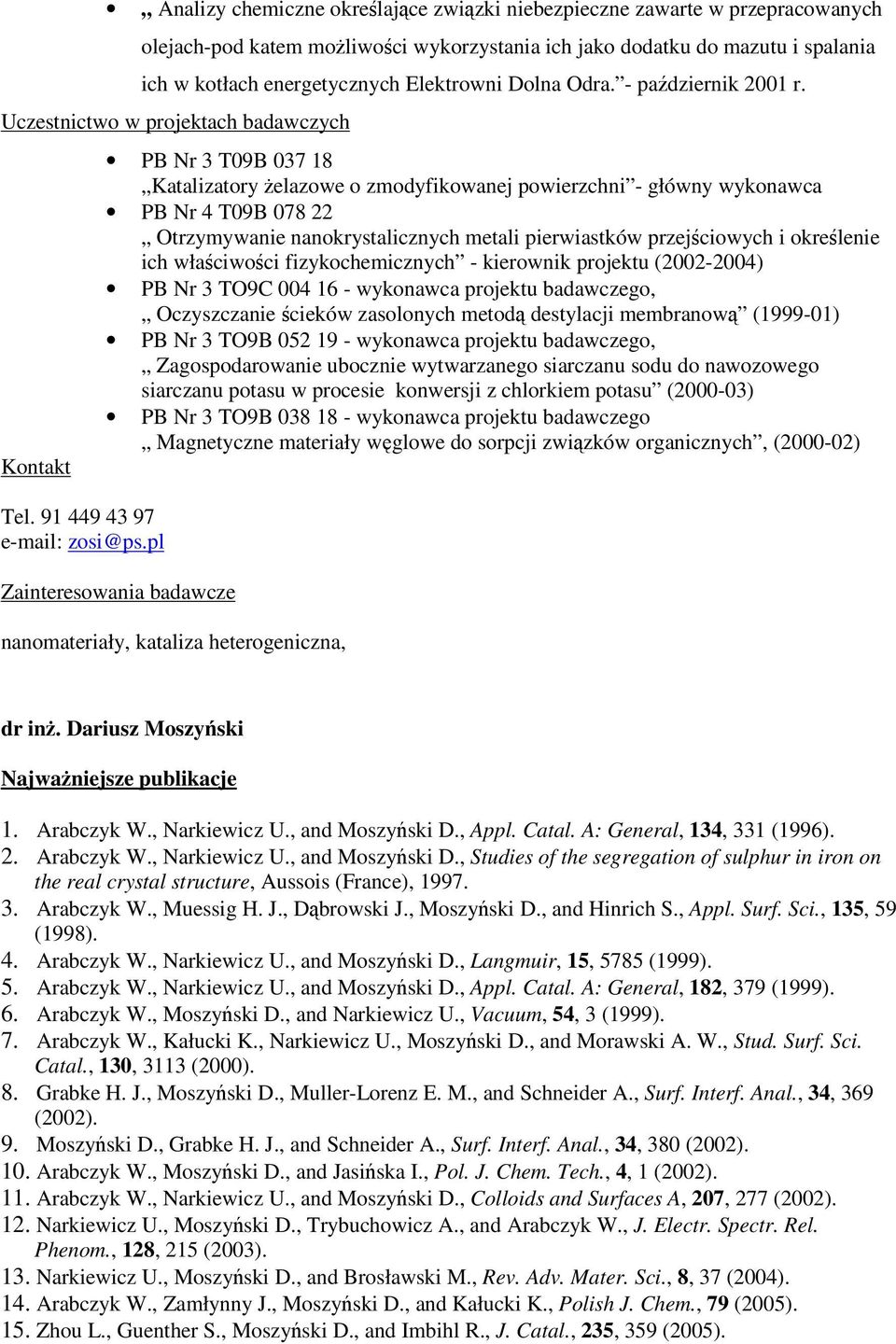 pl PB Nr 3 T09B 037 18 Katalizatory elazowe o zmodyfikowanej powierzchni - główny wykonawca PB Nr 4 T09B 078 22 Otrzymywanie nanokrystalicznych metali pierwiastków przejciowych i okrelenie ich