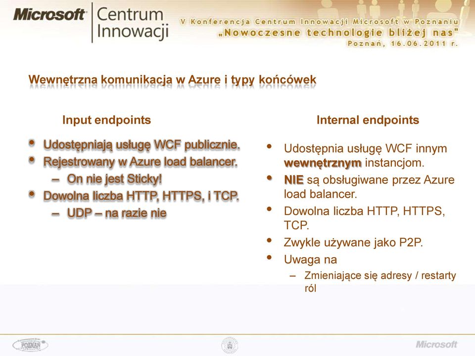 UDP na razie nie Internal endpoints Udostępnia usługę WCF innym wewnętrznym instancjom.