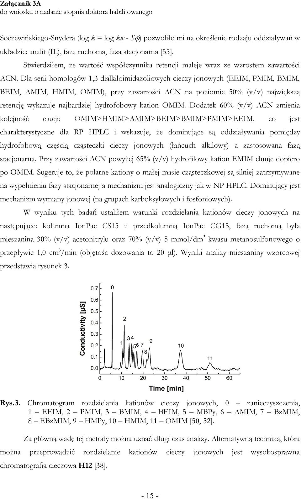 Dla serii homologów 1,3-dialkiloimidazoliowych cieczy jonowych (EEIM, PMIM, BMIM, BEIM, AMIM, HMIM, OMIM), przy zawartości ACN na poziomie 50% (v/v) największą retencję wykazuje najbardziej