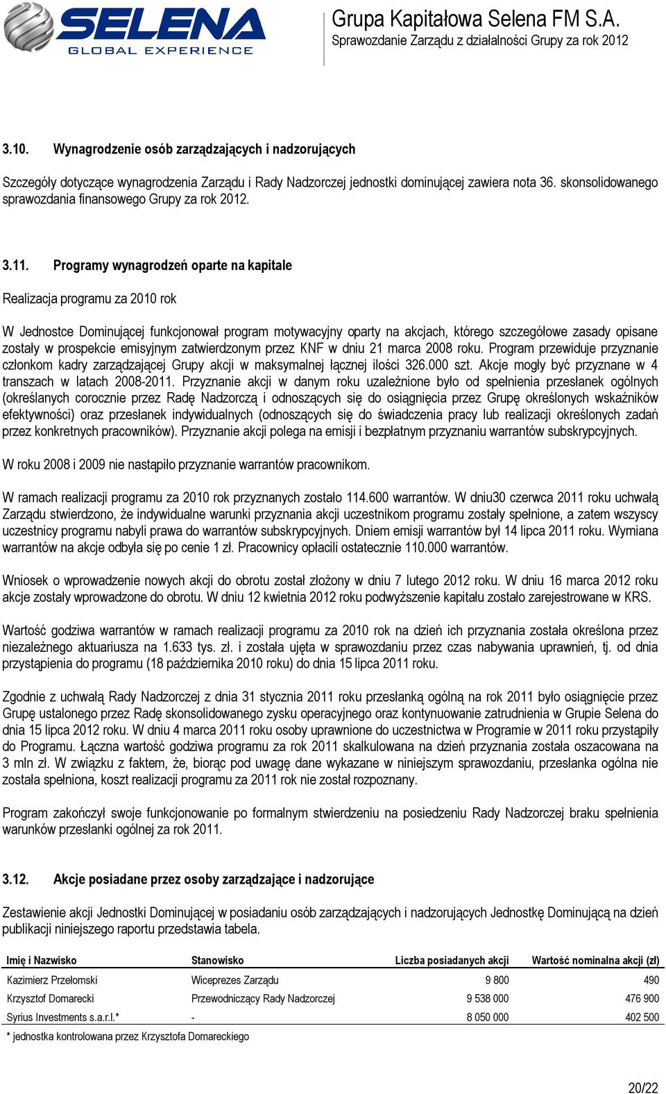 Programy wynagrodzeń oparte na kapitale Realizacja programu za 2010 rok W Jednostce Dominującej funkcjonował program motywacyjny oparty na akcjach, którego szczegółowe zasady opisane zostały w