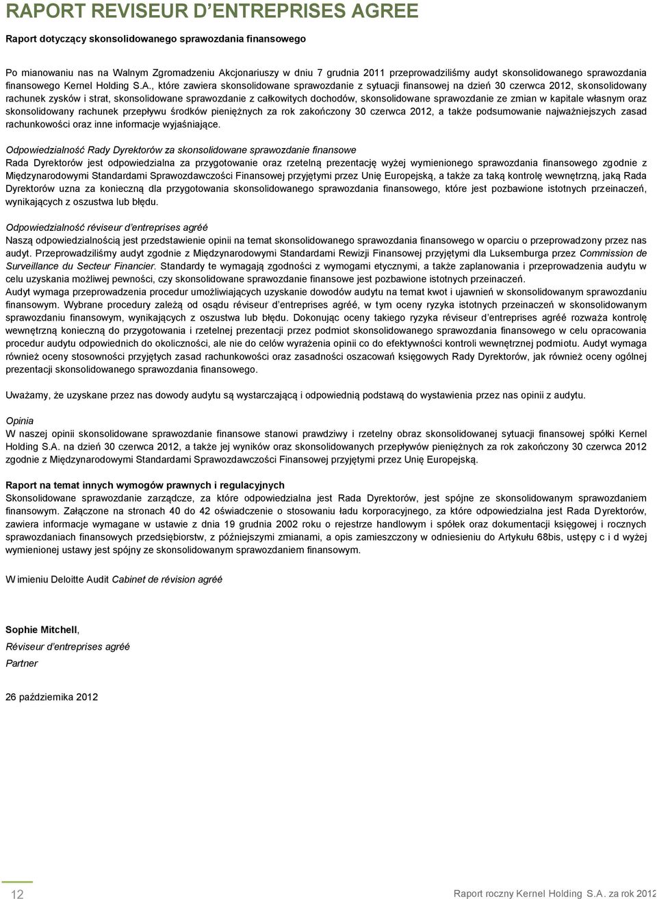 , które zawiera skonsolidowane sprawozdanie z sytuacji finansowej na dzień 2012, skonsolidowany rachunek zysków i strat, skonsolidowane sprawozdanie z całkowitych dochodów, skonsolidowane