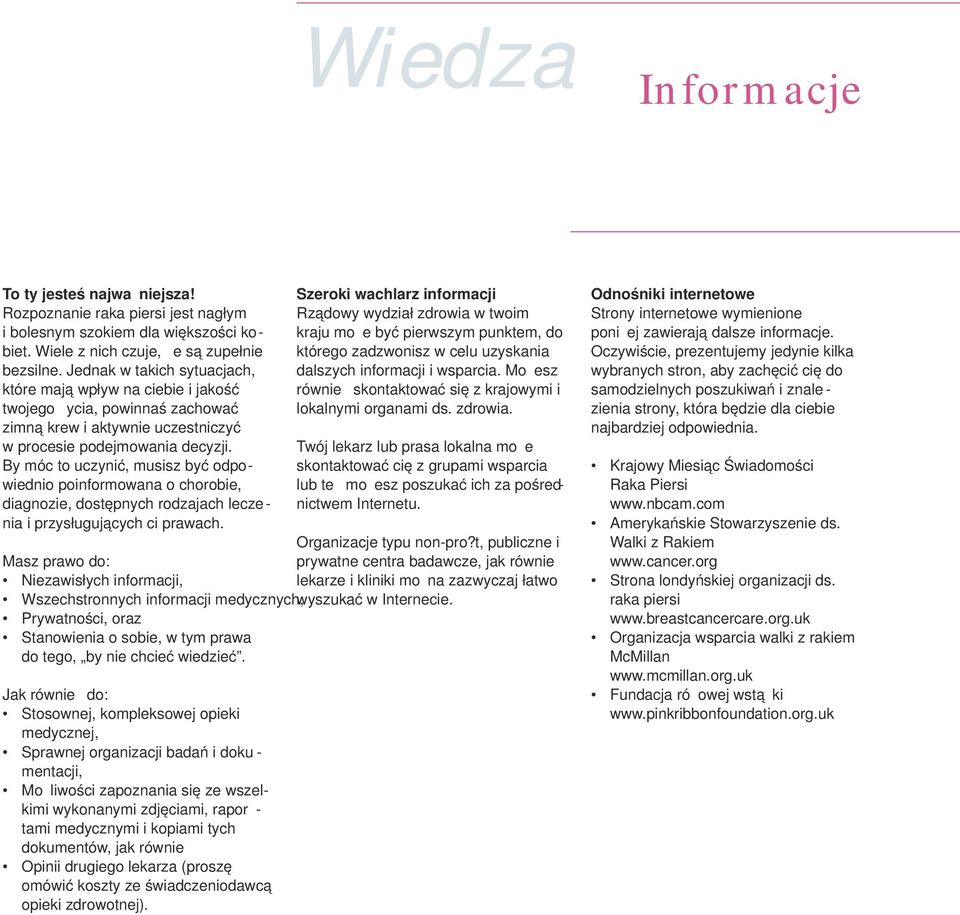 By móc to uczynić, musisz być odpowiednio poinformowana o chorobie, diagnozie, dostępnych rodzajach lecze - nia i przysługujących ci prawach. Organizacje typu non-pro?