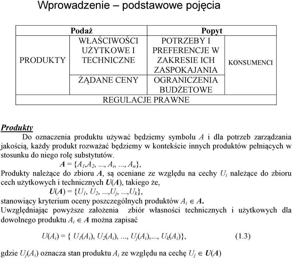 2,, i,, n }, Produkty należące do zbioru, są oceniane ze względu na cechy U i należące do zbioru cech użytkowych i technicznych U, takiego że, U = {U 1, U 2,,U j,,u k }, stanowiący kryterium oceny