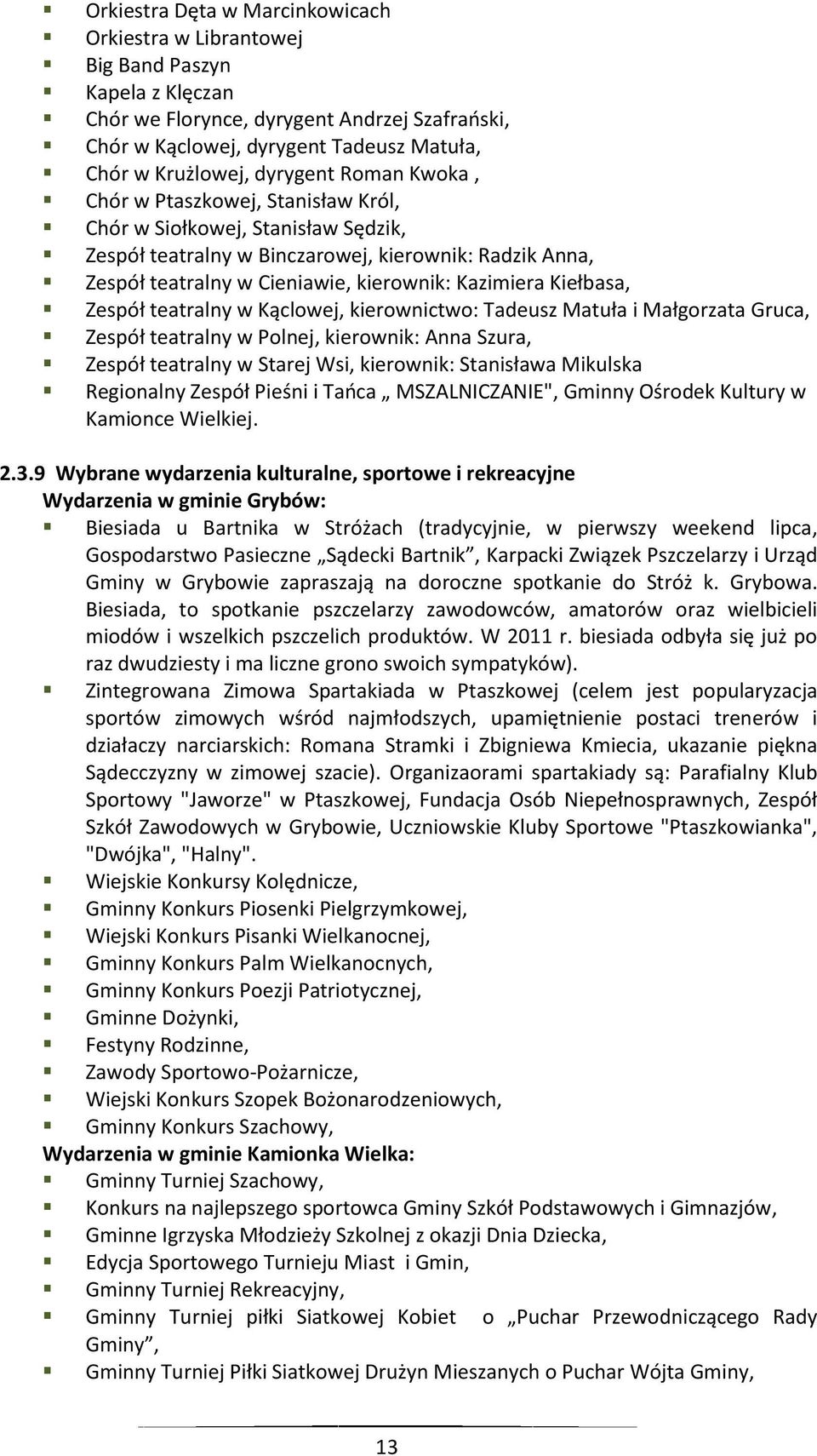 Kiełbasa, Zespół teatralny w Kąclowej, kierownictwo: Tadeusz Matuła i Małgorzata Gruca, Zespół teatralny w Polnej, kierownik: Anna Szura, Zespół teatralny w Starej Wsi, kierownik: Stanisława Mikulska