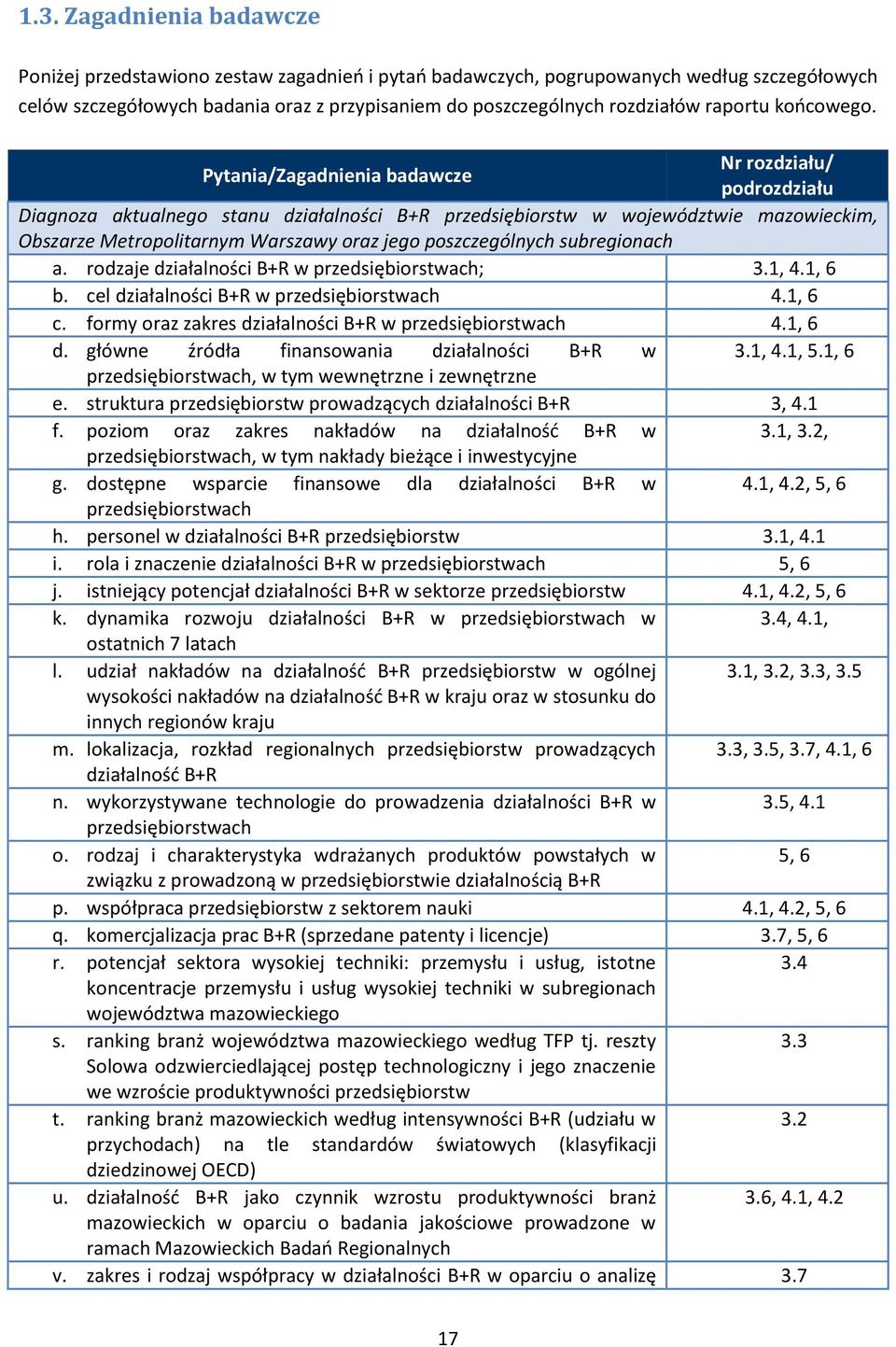 Pytania/Zagadnienia badawcze Nr rozdziału/ podrozdziału Diagnoza aktualnego stanu działalności B+R przedsiębiorstw w województwie mazowieckim, Obszarze Metropolitarnym Warszawy oraz jego