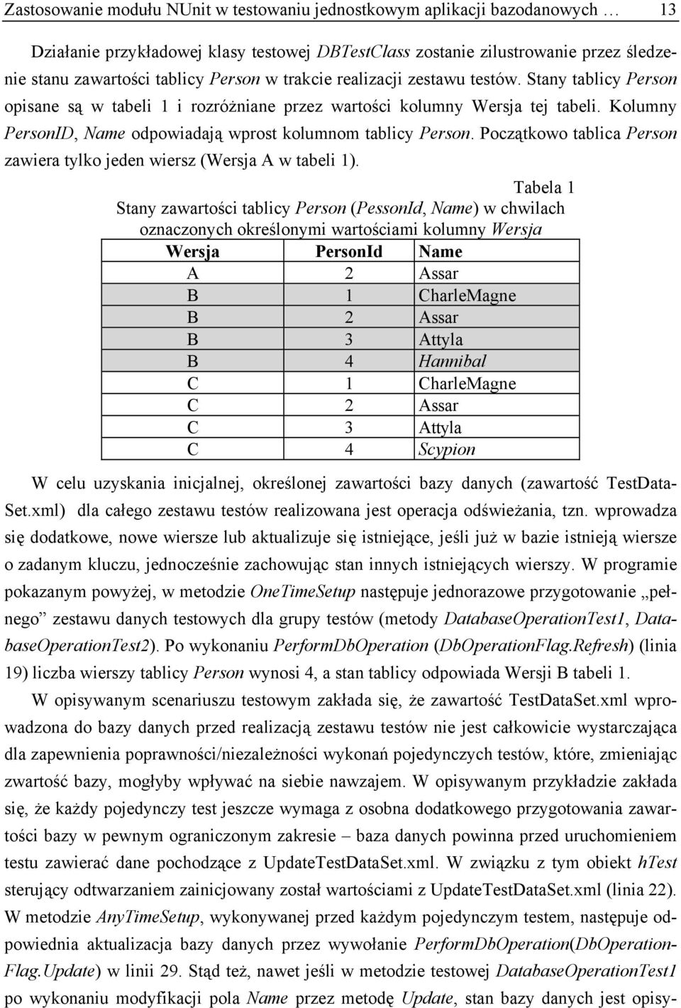 Kolumny PersonID, Name odpowiadają wprost kolumnom tablicy Person. Początkowo tablica Person zawiera tylko jeden wiersz (Wersja A w tabeli 1).