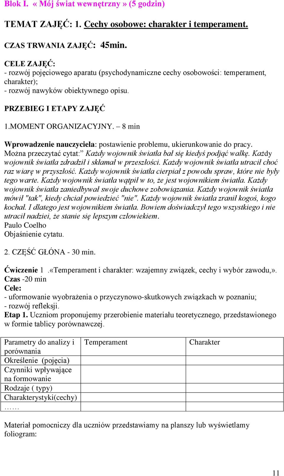 8 min Wprowadzenie nauczyciela: postawienie problemu, ukierunkowanie do pracy. Można przeczytać cytat: Każdy wojownik światła bał się kiedyś podjąć walkę.