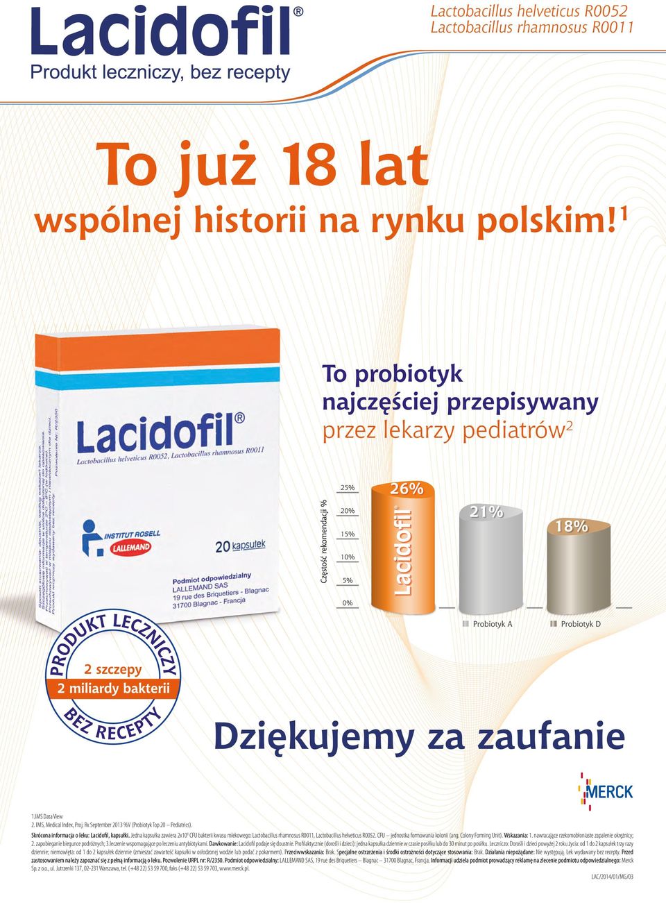 Jedna kapsułka zawiera 2x109 CFU bakterii kwasu mlekowego: Lactobacillus rhamnosus R0011, Lactobacillus helveticus R0052. CFU jednostka formowania kolonii (ang. Colony Forming Unit). Wskazania: 1.