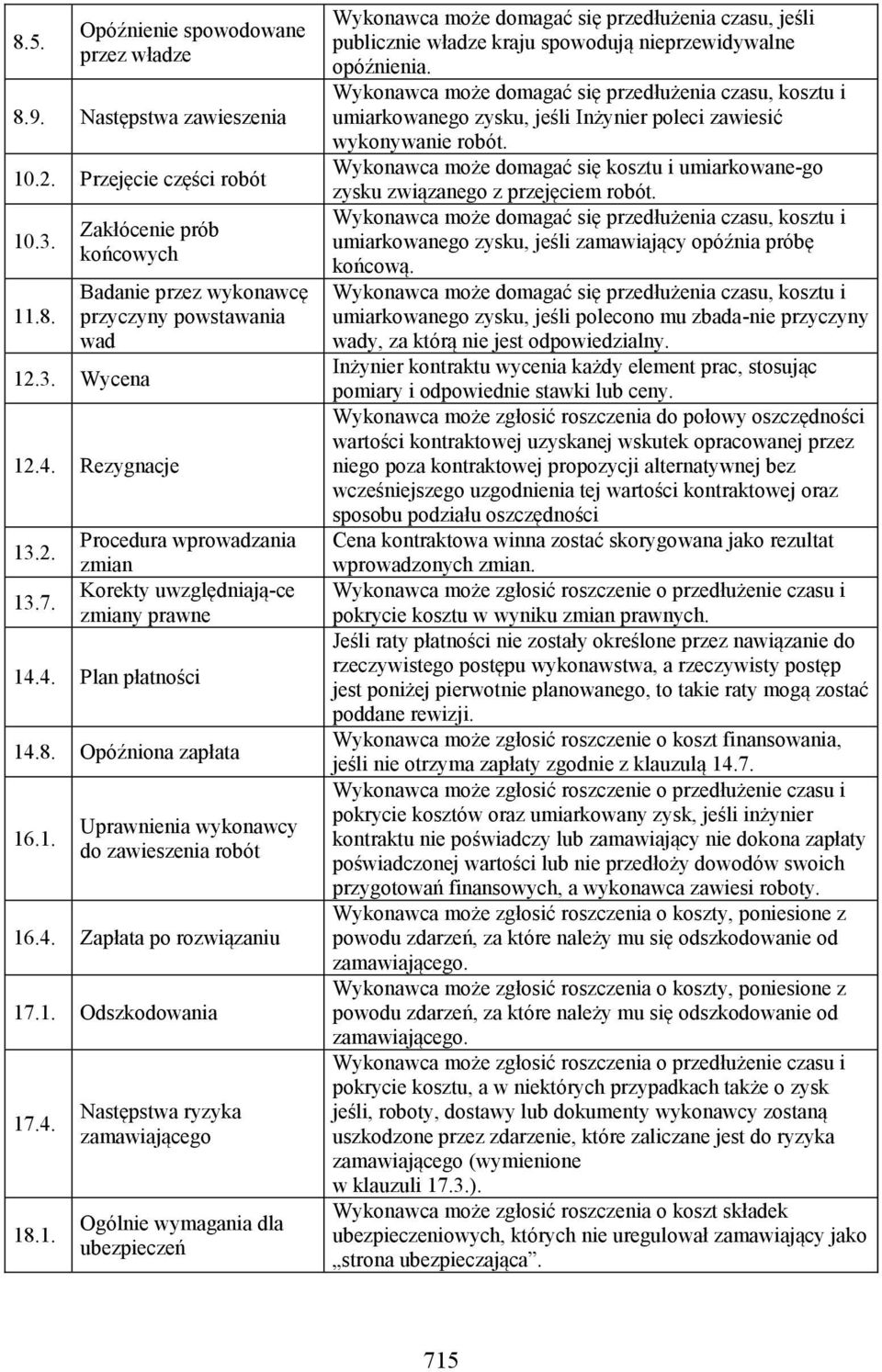 1. Odszkodowania 17.4. 18.1. Następstwa ryzyka zamawiającego Ogólnie wymagania dla ubezpieczeń Wykonawca może domagać się przedłużenia czasu, jeśli publicznie władze kraju spowodują nieprzewidywalne opóźnienia.