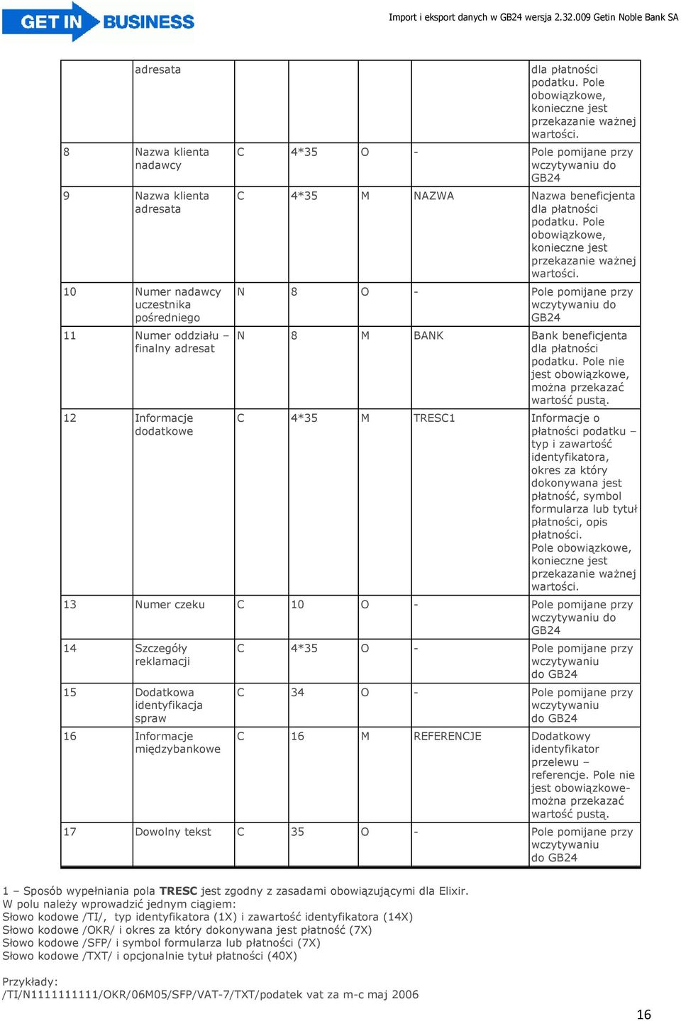 Pole obowiązkowe, konieczne jest przekazanie ważnej wartości. N 8 O - Pole pomijane przy wczytywaniu do GB24 N 8 M BANK Bank beneficjenta dla płatności podatku.