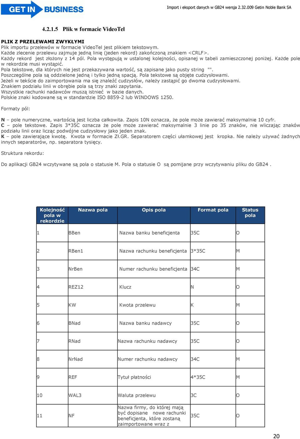 Pola występują w ustalonej kolejności, opisanej w tabeli zamieszczonej poniżej. Każde pole w rekordzie musi wystąpić.