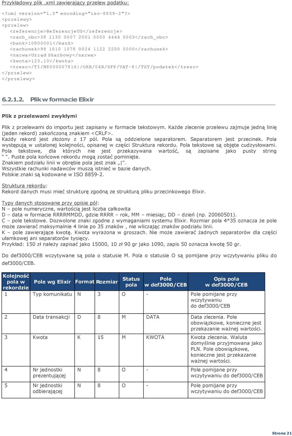 <nazwa>urząd Skarbowy</nazwa> <kwota>123.10</kwota> <tresc>/ti/n8000007816 /OKR/04R/SFP/VAT-8 /TXT/podatek</tresc> </przelew> </przelewy> 6.2.1.2. Plik w formacie Elixir Plik z przelewami zwykłymi Plik z przelewami do importu jest zapisany w formacie tekstowym.