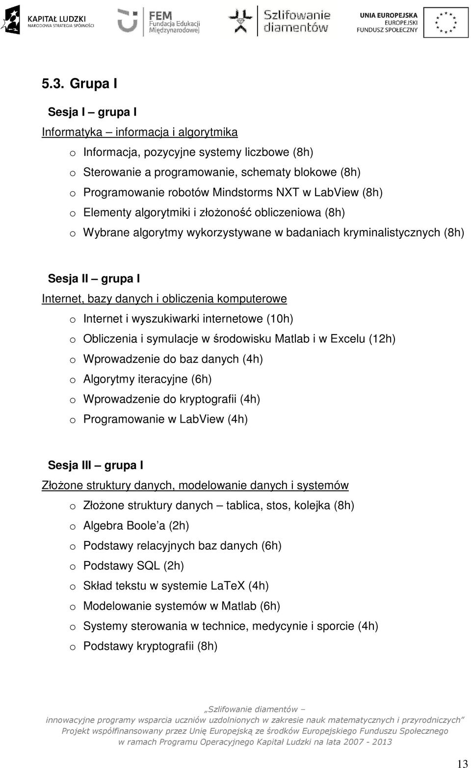 komputerowe o Internet i wyszukiwarki internetowe (10h) o Obliczenia i symulacje w środowisku Matlab i w Excelu (12h) o Wprowadzenie do baz danych (4h) o Algorytmy iteracyjne (6h) o Wprowadzenie do